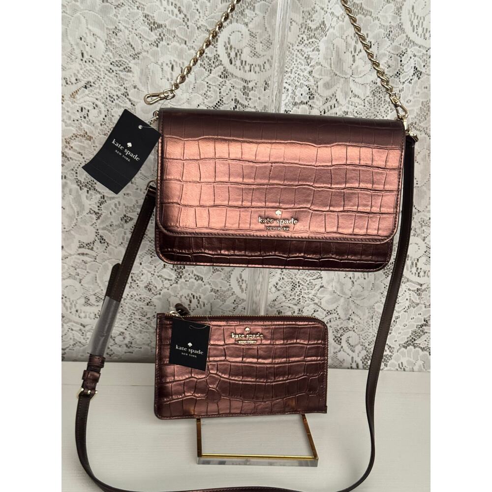 NWT Kate Spade Madison Willow Metallic Croc Crossbody & Lucy Wristlet Set
